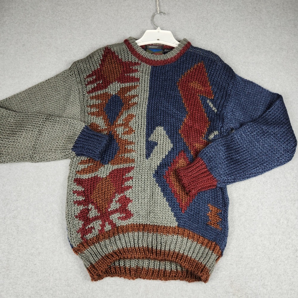 Vintage Trails Handknit Chunky Sweater Mens Small Multicolor Abstract Crew Neck